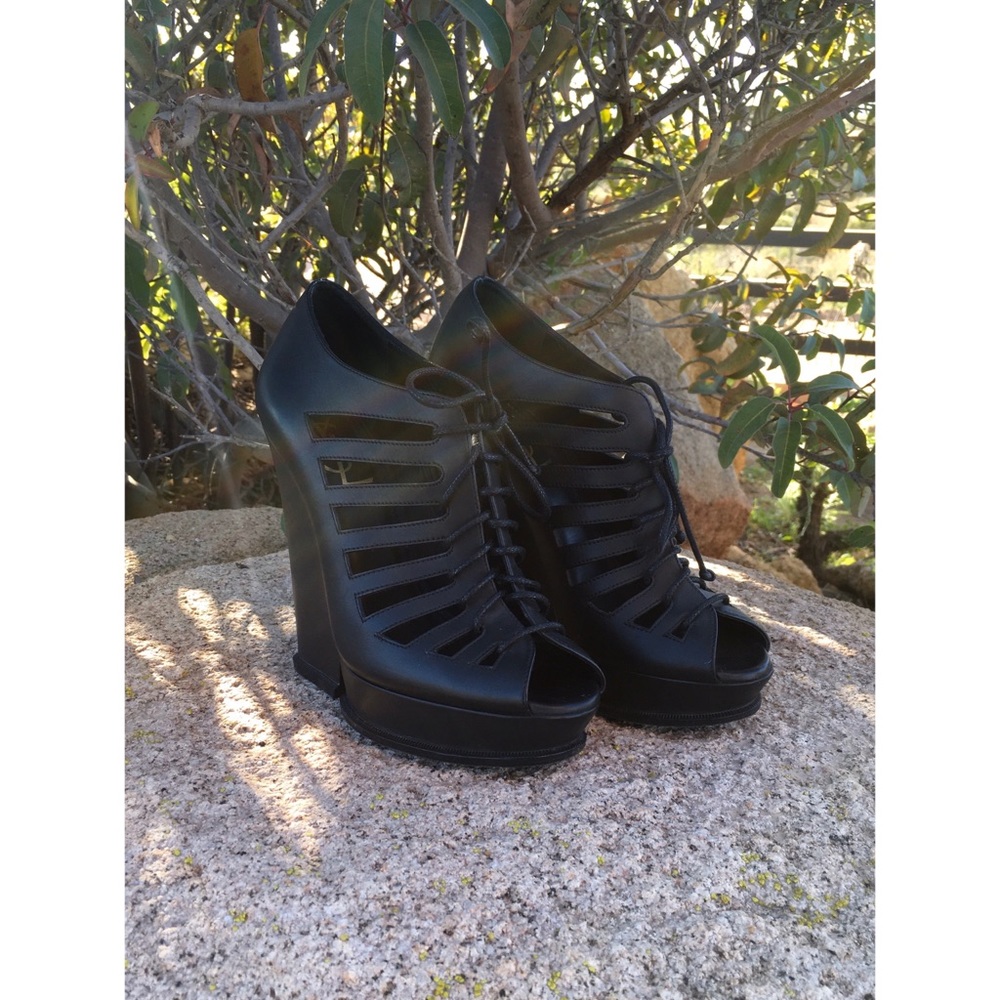 YSL Caged-Like Black Wedge Booties Size 38 1/2